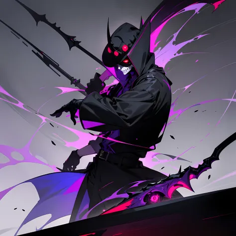 1guy, Short black hair , One red eye ,Glowing eye , Purple theme , Wear a gravedigger&#39;s hat , With a scythe , Gravedigger&#39;s coat , Full black skull mask , hell , Covered face , High accuracy, Ultra clear, 1080p