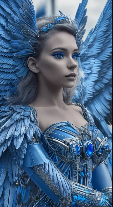 Close-up of a woman wearing a blue dress with wings, full body angel, futuristic robot angel, amazing angel wings, angel knight gothic girl, angel in plastic armor, intricate costume designs, As a mysterious Valkyrie, The whole body is made of blue feather...