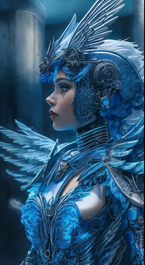 Close-up of a woman wearing a blue dress with wings, full body angel, futuristic robot angel, amazing angel wings, angel knight gothic girl, angel in plastic armor, intricate costume designs, As a mysterious Valkyrie, The whole body is made of blue feather...