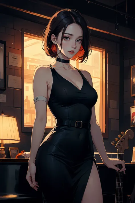 best qyality, perky tits, 8k, sleeveless bandage dress, woman, medium breasts, jazz club, bob hairstyle, choker around the neck, starry eyes, noir style, professional, (ginger hair:1.3) (black hair:1.1) full height, dim light indoors