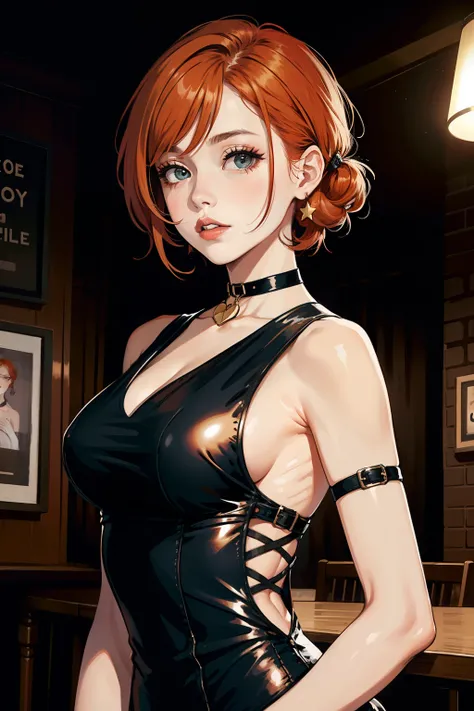 best qyality, perky tits, 8k, sleeveless bandage dress, woman, medium breasts, jazz club, bob hairstyle, choker around the neck, starry eyes, noir style, professional, (ginger hair:1.3) (black hair:1.1) full height, dim light indoors