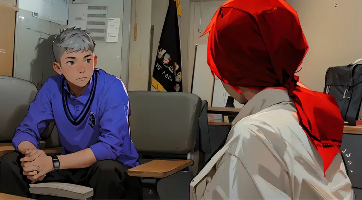 a 17 year old male student with short silver hair with gray eyes sitting in front of his teacher