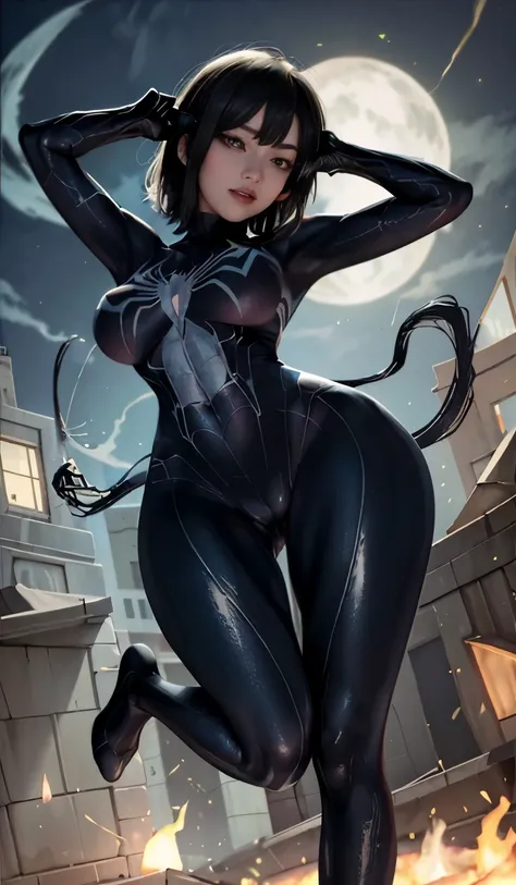 4K，realistically，charming，very detailed，There  a girl in Dingcheng，She  Spider-Gwen, Gwen Venom symbiont Costume, organic outfit, Sweat, Wearing black Spider-Man costume，（black and white：1.4） night,symbiont，poison，lots of mucus,she  spiderman，Black superhe...