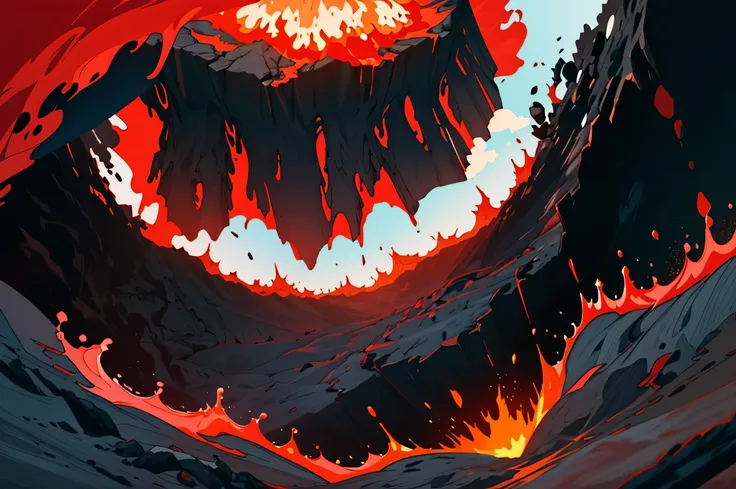 2d illustration of a sea of lava, showing the inside of a volcano with red hot boiling magma, hell fire, boiling lava flowing 