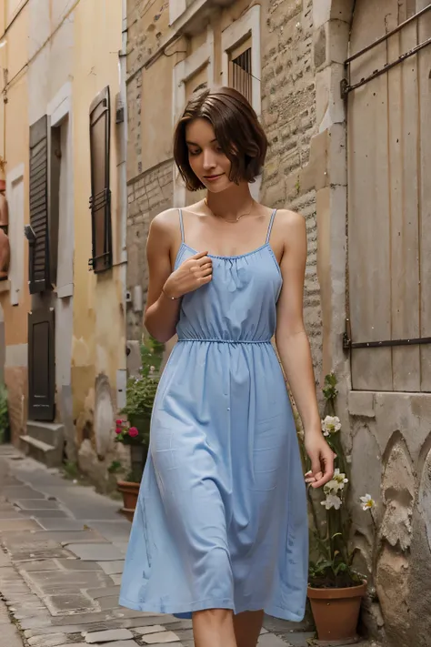 belle fille en Italie avec des cheveux courts et une robe longue, realistic, High quality