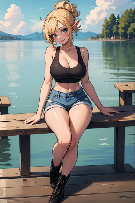 Masterpiece, Ultra High quality, 4k, intricate details, gorgeous elf woman, mature:1.4, slim thick build:1.2, blonde hair, updo, mw, large breasts, black tank top, tight denim shorts, combat boots,on a dock, sitting on a railing, cute posture, head tilt 