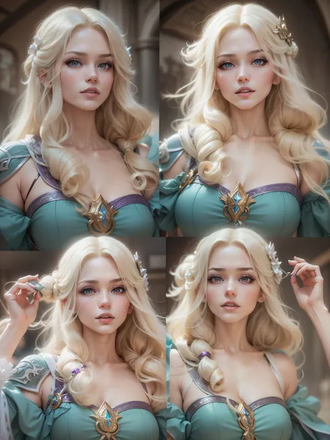 long blond hair woman in purple dress, elegant glamorous cosplay, glamorous cosplay, money, blonde hair princess, money as a super villain, gorgeous cosplay, alexa grace, Epic battle fantasy Natalie, blonde hair with pigtails, Anna Nikonova、Also known as N...