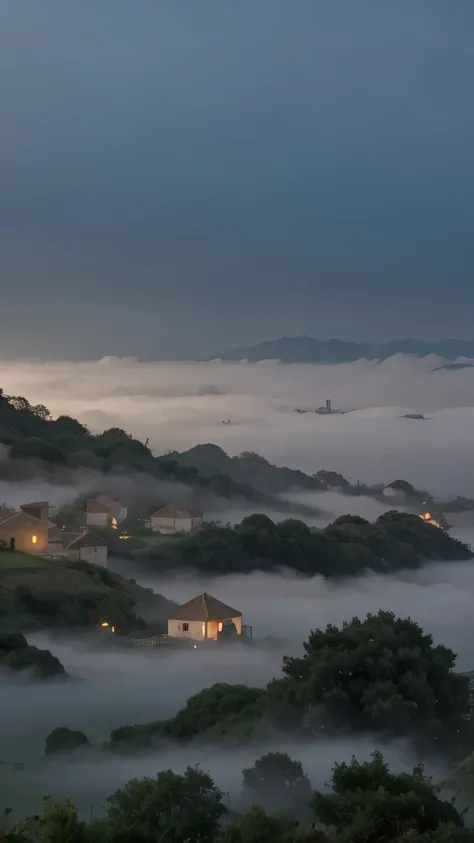 An image showing the village shrouded in dense fog, com os moradores confusos e temerosos.