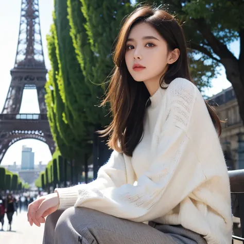 Girl, long brown hair, gray eyes, sharp features, white skin, sweater and pants style, Eiffel Tower background