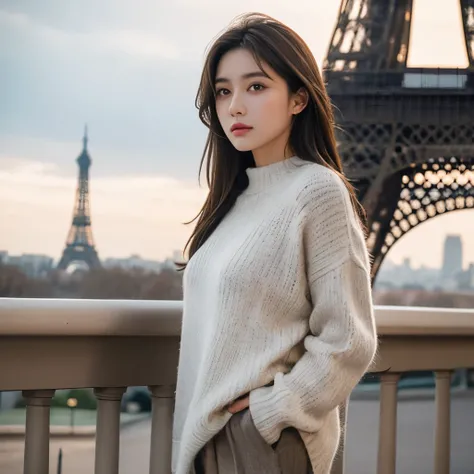 Girl, long brown hair, gray eyes, sharp features, white skin, sweater and pants style, Eiffel Tower background