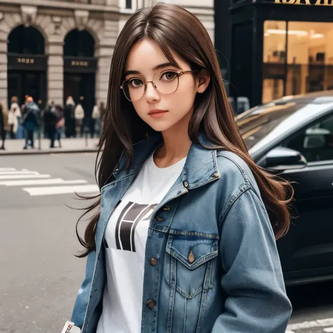 Girl, long soft brown hair, gray eyes, sharp features, white skin, t-shirt, jacket and jeans style, glasses, bag, London