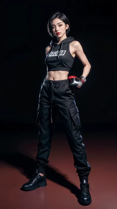 best quality, Clarity, 4k, 8k, detail, actual, Beautiful Girl, Korean makeup, Red lips, blue short haired, Perfect body, stand, pose standing, medium chest, ((black hoodies)), ((black Cargo Box Pants)), (((black boxing gloves))),boxing,dark room background