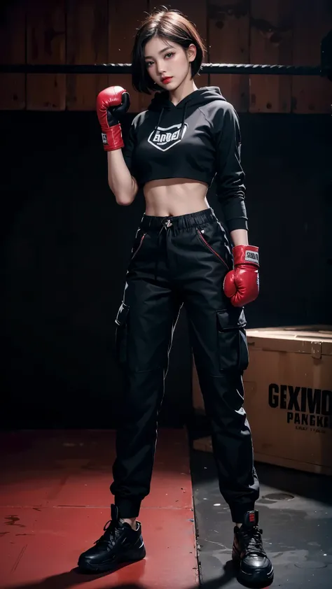 best quality, Clarity, 4k, 8k, detail, actual, Beautiful Girl, Korean makeup, Red lips, blue short haired, Perfect body, stand, pose standing, medium chest, ((black hoodies)), ((black Cargo Box Pants)), (((black boxing gloves))),boxing,dark room background