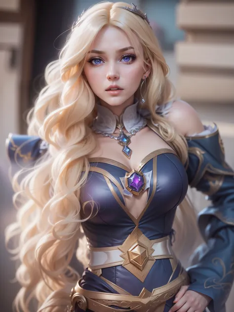 long blond hair woman in purple dress, elegant glamorous cosplay, glamorous cosplay, money, blonde hair princess, money as a super villain, gorgeous cosplay, alexa grace, Epic battle fantasy Natalie, blonde hair with pigtails, Anna Nikonova、Also known as N...