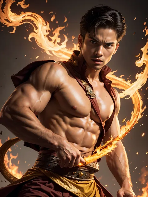 Photorealistic, masculine handsome male model, masculine Asian mix guy, mixed race, (angry:1.3), (young, 16 years old:1.5), ((best quality)), ((masterpiece)), (detailed), (barechested:1.4). Portrait of young Prince Zuko from "Avatar: The Last Airbender". p...