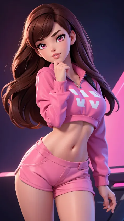 18 year old, brown hair, pink eyes, cute pose, d.va, very short shorts, crop top