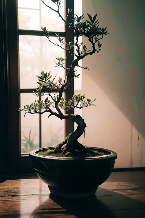 Ink illustration,Ink stains,ink splatter,Ink flow,ink dot,faded ink,dramatic bonsai tree,Plants on black reflective surface,sunrise,detailed,Stunning natural lighting,earthy pastel colors,cry for lost child,Symmetrical fractal pattern,left,