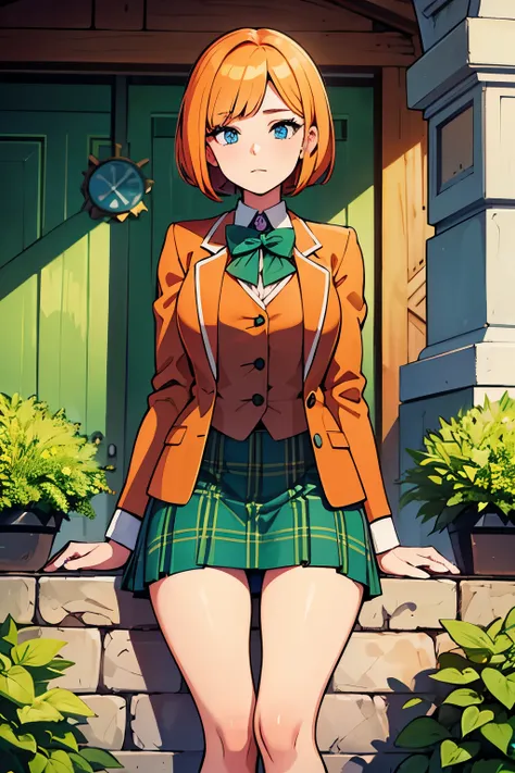 young girl, bob hair cut, blue eyes, chin-length Venetian-blonde hair, red hair, wears her green boarding school uniform, green jacket and tartan patterned blue and orange skirt., 4k, masterpiece, alyssa hamilton clock tower 3, in a garden , looking at vie...