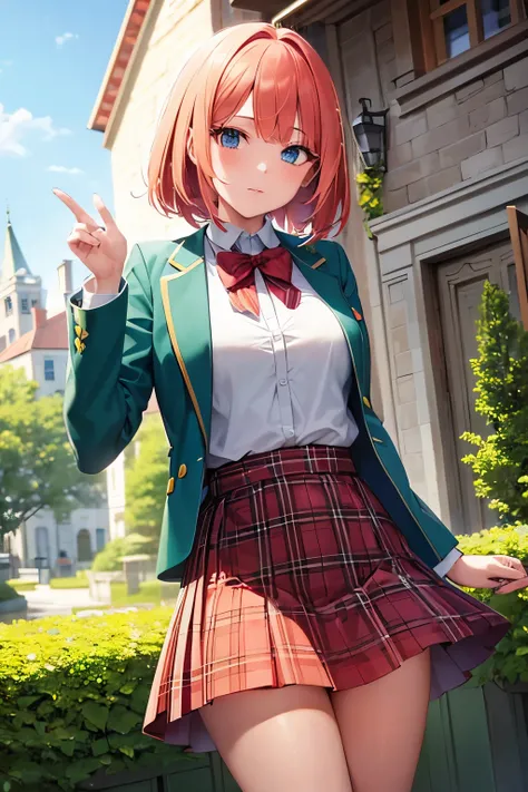 young girl, bob hair cut, blue eyes, chin-length Venetian-blonde hair, red hair, wears her green boarding school uniform, green jacket and tartan patterned blue and orange skirt., 4k, masterpiece, alyssa hamilton clock tower 3, in a garden , looking at vie...