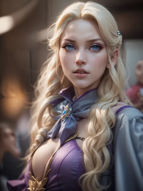 long blond hair woman in purple dress, elegant glamorous cosplay, glamorous cosplay, money, blonde hair princess, money as a super villain, gorgeous cosplay, alexa grace, Epic battle fantasy Natalie, blonde hair with pigtails, Anna Nikonova、Also known as N...