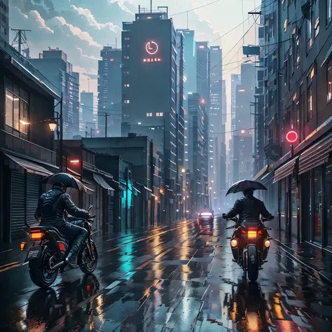 track rainy day motorcycle courier making delivery tuned motorcycle cyberpunk buildings cinematographic   