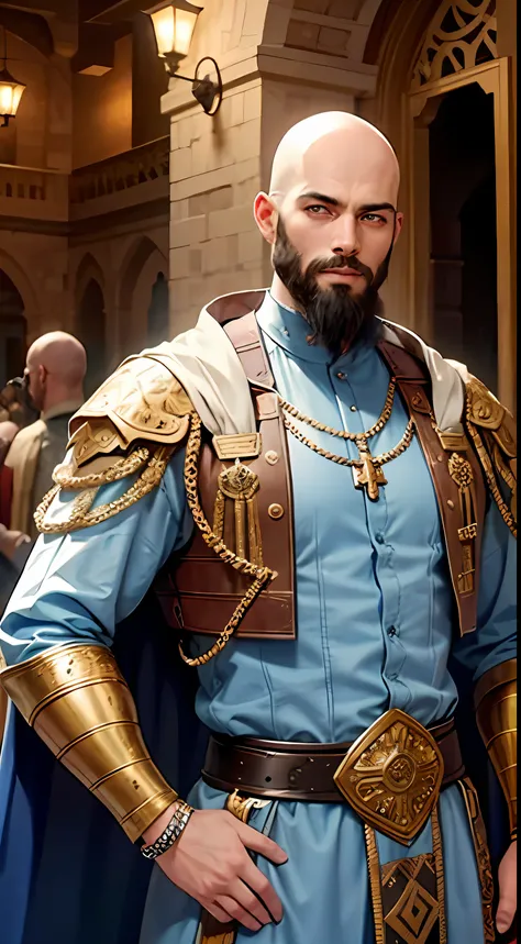 Handsome muscular bald glowing eyes sexy face beard medieval Arabian prince in moroccan environnement