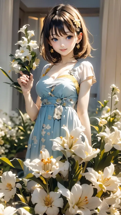 1 girl, Blue eyes. Full-length, holding a lily in her hand, short blue bell dress with yellow stripes, straps, and open shoulders. Blue eyes glow with happiness. Head tilted, short brown hair, graceful head, with a clear smile on her face, Chic interior - ...