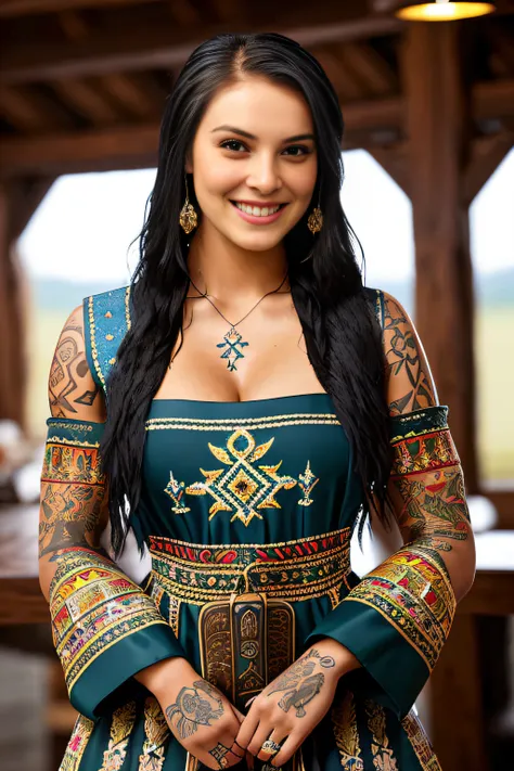 a portrait photo of   CallingBull smiling, tattoo, ((((fUkrainian folk dress)))), pronounced feminine feature, insane details, intricate details, hyperdetailed, complex background, medieval tavern, indoor, in the style of greg fredericks