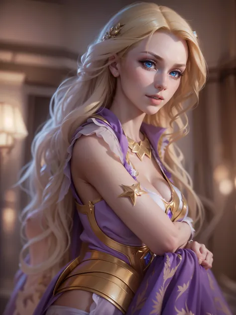 long blond hair woman in purple dress, elegant glamorous cosplay, glamorous cosplay, money, blonde hair princess, money as a super villain, gorgeous cosplay, alexa grace, Epic battle fantasy Natalie, blonde hair with pigtails, Anna Nikonova、Also known as N...