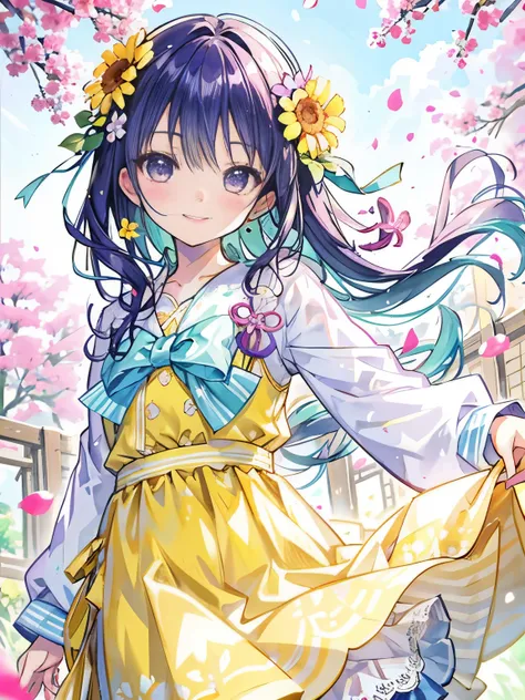 refreshing morning,smile,The morning sunlight and flower petals are dancing,close up of face,Banzai,girly clothes,blue and yellow and green and purple