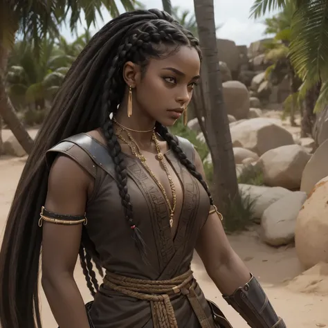 A dark-skinned valkyrie, nagô braids e postura alerta mas curiosa , nagô braids