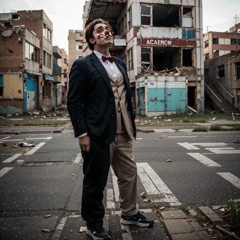 a sad clown standing in the middle of a abandoned city