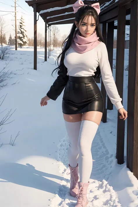 (Best Quality,High resolution:1.2), Ultra-detailed, Realistic portrait, hot girl,, pretty face, perfect long legs, full body, tiny waist. large breasts, standing, tight white jumper, black high waist leggings, pink and white boots, in the snow, large blue ...