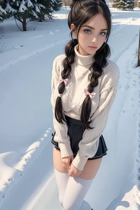 (Best Quality,High resolution:1.2), Ultra-detailed, Realistic portrait, hot Cypriot girl,, pretty face, perfect long legs, full body, tiny waist. large breasts, standing, tight white jumper, black high waist leggings, pink and white snow boots, in the snow...