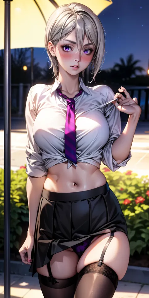 realistic, 1 girl, gray hair, purple eyes, shining eyes, crop top, skirt, parted lips, blush, night, flowers, sun, sunlight, (In underwear), stockings, i don&#39;t&#39;don&#39;t have clothes, visible panties, embarrassing, almost i don&#39;t&#39;don&#39;t ...