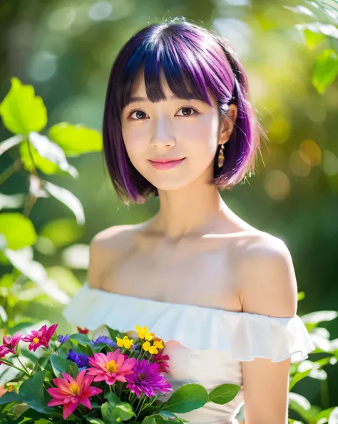 (highest quality, 8k, High resolution, masterpiece:1.2), beautiful japanese girl, 14 years old, (whole body:1.3), detailed purple hair, Beautiful bob cut, asymmetrical bangs, thin eyebrows, big magic eyes, High resolutionの潤んだ瞳孔, Light pink lip, smooth soft...