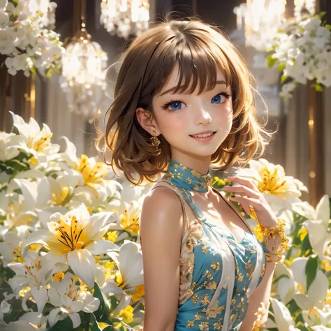 1 girl, Blue eyes. Full-length, holding a lily in her hand, short blue bell dress with yellow stripes, straps, and open shoulders. Blue eyes glow with happiness. Head tilted, short brown hair, graceful head, with a clear smile on her face, Chic interior - ...