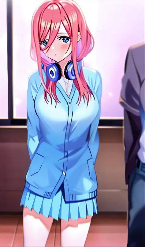 anime girl with headphones standing in a room with other people,  bonita do anime high school, visual anime de uma  bonito, imag...