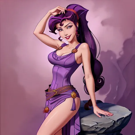 nsfw1:2, 1girl, full-length, full body portrait of megara taking off her purple dress, exposed nipples, bare breasts, big breast...