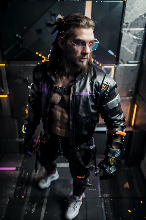 analog style, model shoot tyle, (full body), ((Viking male whit mediun long hair viking style whit colorful wires entangled on the hair fully detail)), (( viking beard and wearing futuristic visor/glasses)), wearing a sport hyper futuristic bomber jacket b...