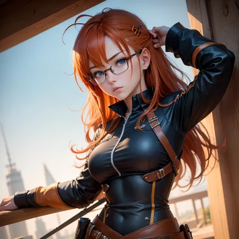 8k, masterpiece, best quality, realistic, higly detailed, cowboy shot, 1girl, solo, Itsuki Nakano, serious looking girl, medium-length hair, expressive ahoge, reddish-orange hair colour, a pair of star-shaped hairpins near both of her eyes, dark blue eyes,...