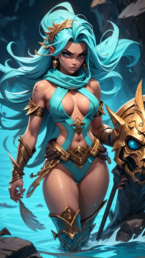 ((Sin ropa)), Muy enojado, fuerte, sobrenaturalmente (beautiful and charming Barbara Atlantean Goddess of War with a, armadura en topless), y gritando de furia. She is swimming in shallow waves in a dark underground sea cave., illuminated only by the ocean...