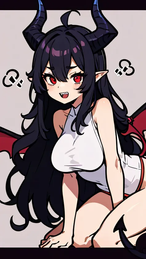 mature curvaceous demon woman with long black hair, sharp teeth, glowing red eyes, lion tail, adult, powerful, large wings on ba...