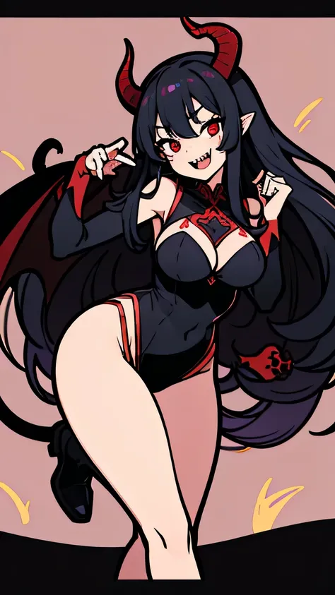 Mature curvaceous demon woman with long black hair, sharp teeth, glowing red eyes, lion tail, adult, powerful, large wings on back, ram horns, flirty