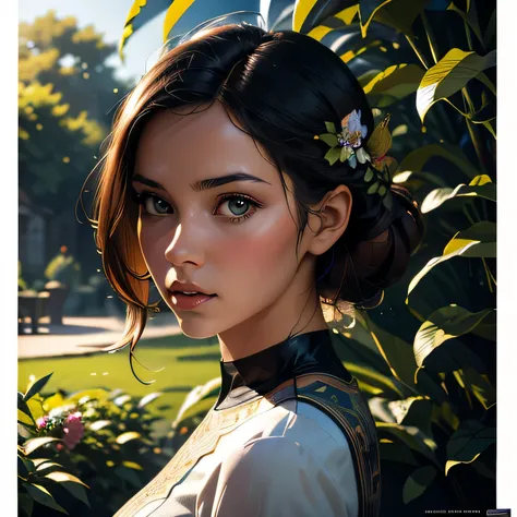 professional painting by Android Jones of a single cute girl. The girl has pensive and hopeful expression. There is a garden in background. cinematic focus on the girl, dynamic pose, dynamic background, dynamic composition, dynamic lighting, realistic prop...