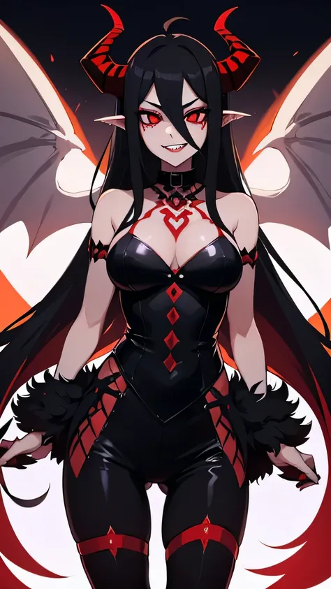 punk rock demon woman with long black hair, sharp teeth, glowing red eyes, lion tail, powerful, large wings on back, ram horns, flirty, hazbin hotel