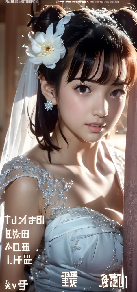 (((Pixel perfect, Perfect details))), alone, 1 girl, yuigahama yui, Close-up of beautiful bride wearing beautiful wedding dress,Gurwitz, (bridal veil:1.5),(transparent short veil:1.5),blush,eye shadow,Blushing face,Head flower,headgear,bouquet,(tube top w...