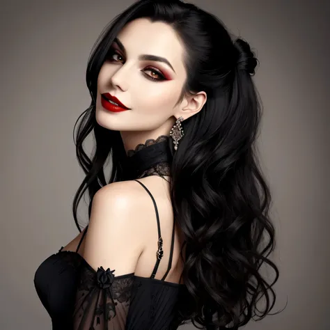 vampire woman, （tmasterpiece：1.2）， （best qualtiy：1.2）， perfect eyes, the perfect face， 1girl， Vintage， black hair， stern expression， fanciful， exteriors， detailed back ground， putting makeup on， lipsticks， eye shadowascara， thick eyeslashed, highres, absur...