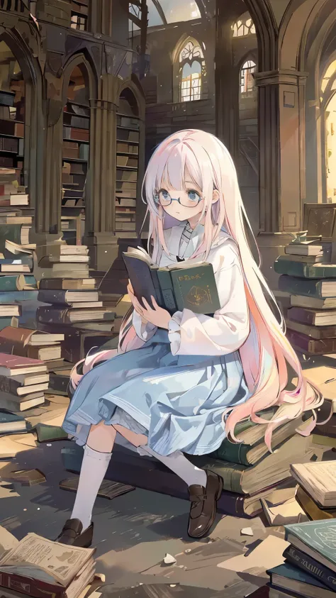 confused, High resolution, (An illustration: 1.3)、 ((debris flies)), anime、((highest quality)), (Super detailed), (beautiful), ((Set in a large detailed dark abandoned library:1.3)), alone,(12 years old:1.3)、cute face、Full body Esbian、((A  is sitting on a ...