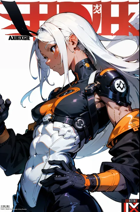 background, language_text, Japanese letters in graffit, black woman, muscular 35 years old woman, long white hair, excellent lighting, sidelighting, (busty), busty, vhsKeeper,, style GUILTY GEAR -STRIVE perfect ultimate (flat color: 1.3), (magazine_cover: ...